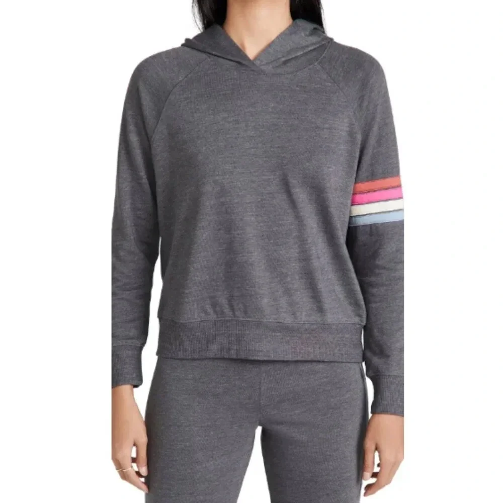 Sundry Women's Multi Stripe Hoodie in Charcoal size Large